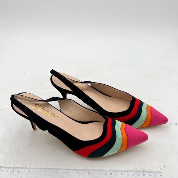 FOWT Dark Rainbow Pointed Toe Slingback Rainbow Color Stripes Elastic Band Pumps - Picture 4 of 8